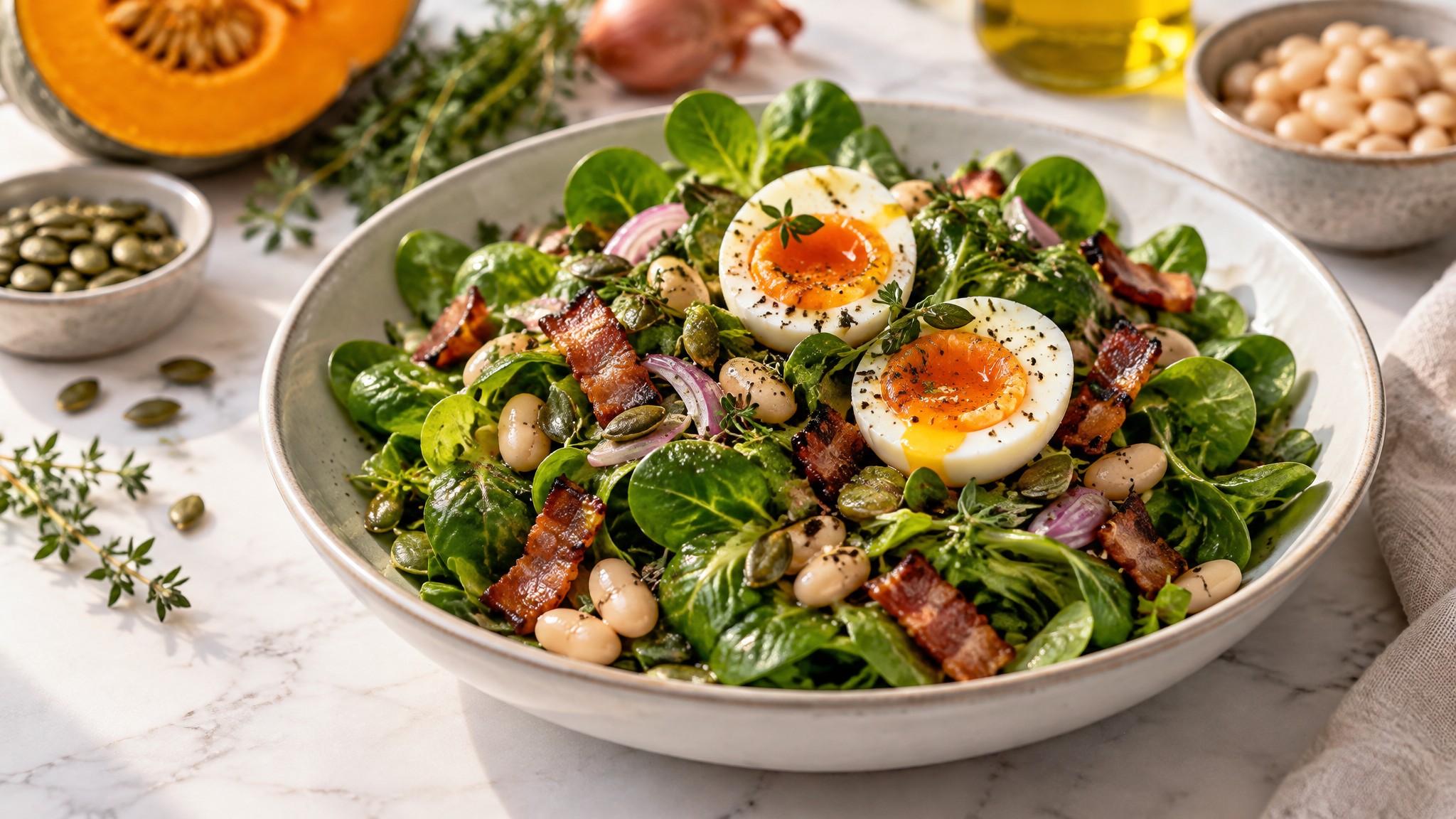 Alacsony GI-s Feldsalat mit Speck pirított tökmaggal és fehér babbal - alacsony glikémiás recept