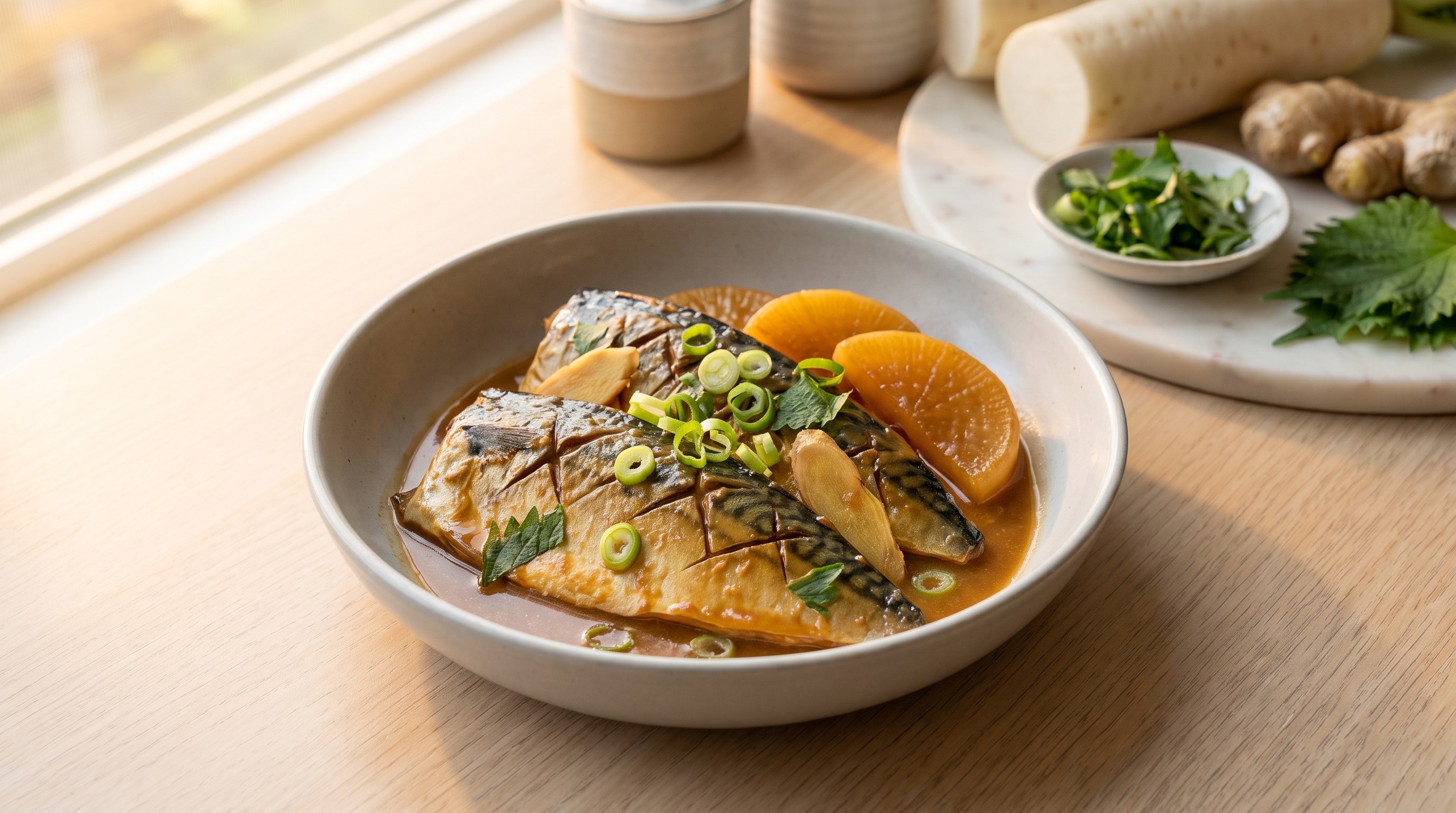 Saba no Misoni — Sgombro brasato al miso a basso contenuto di zuccheri con daikon - Ricetta a basso indice glicemico