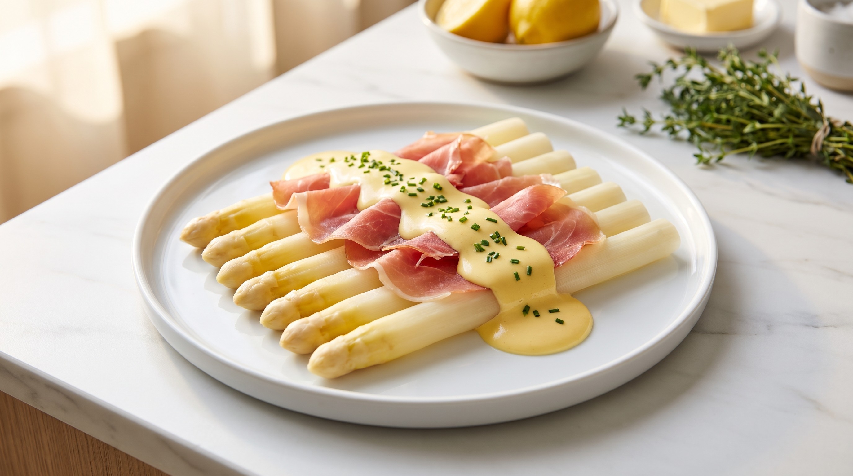 White Asparagus with Air-Dried Ham and Blender Hollandaise - Low Glycemic Recipe