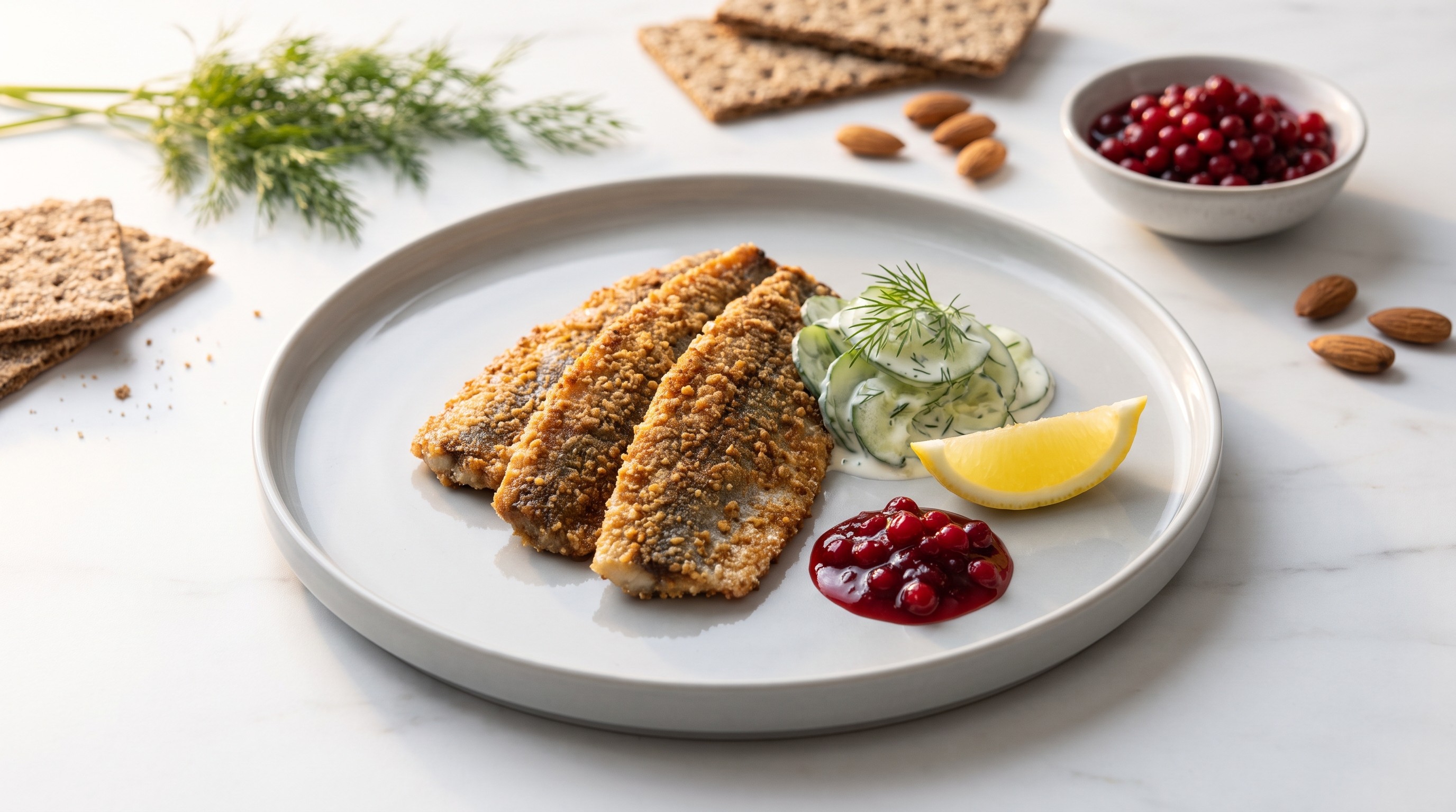Stekt Strömming with Rye-Almond Crumb and Lingonberries - Low Glycemic Recipe