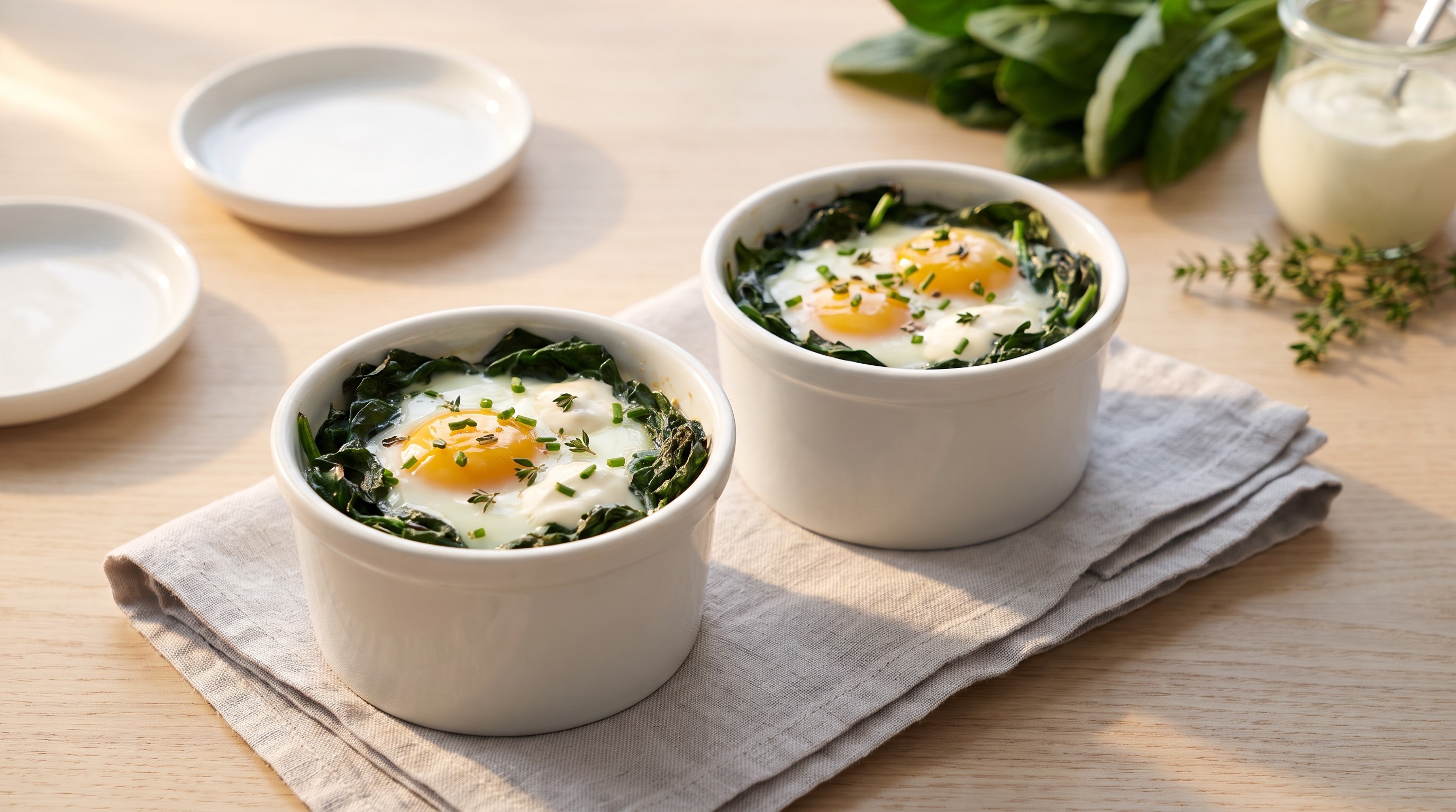 Œufs Cocotte dengan Bayam dan Crème Fraîche - Resipi Glisemik Rendah