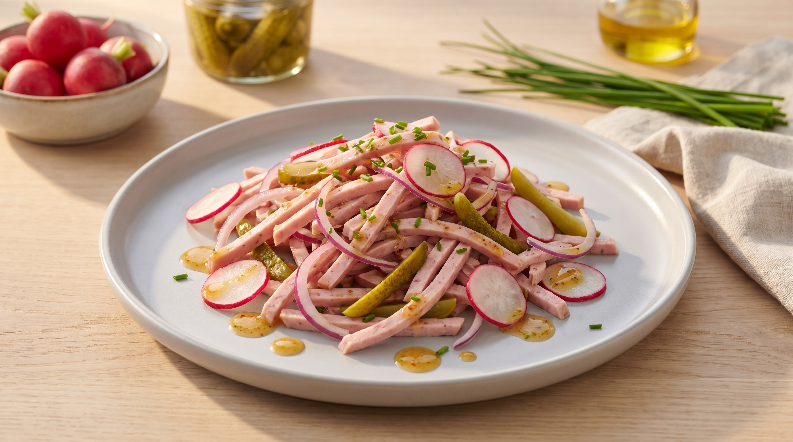 Wurstsalat — tysk pølsesalat med sylteagurker og redikker - Lavglykemisk oppskrift